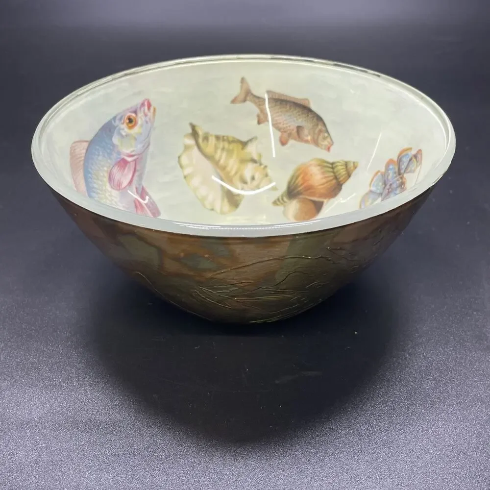 1970-80's B & L Designs Arcoroc/Arcopal Handpainted Glass Bowl Retro Sea Life